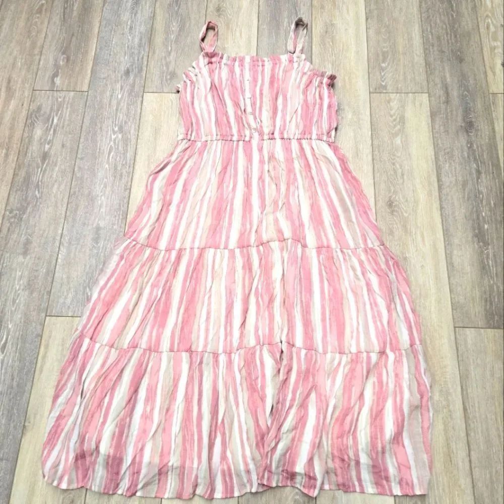 Robert Louis Striped Long Dress Pink White Flattering Stretch Waist Lined Sz Xl